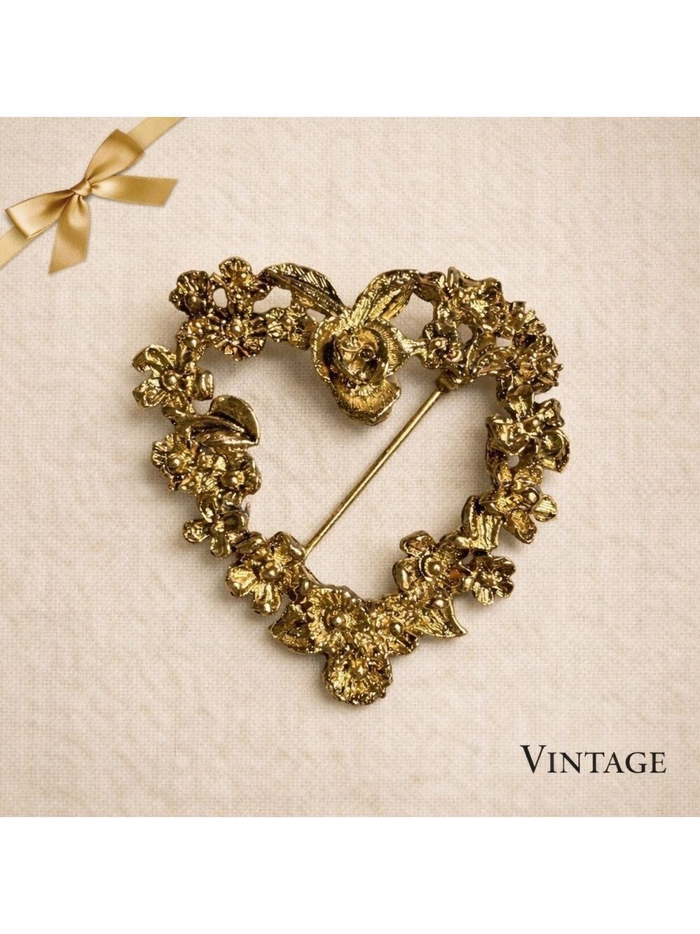 Vintage Gold-Tone Floral Heart Brooch Pin – Textured Openwork NWOT